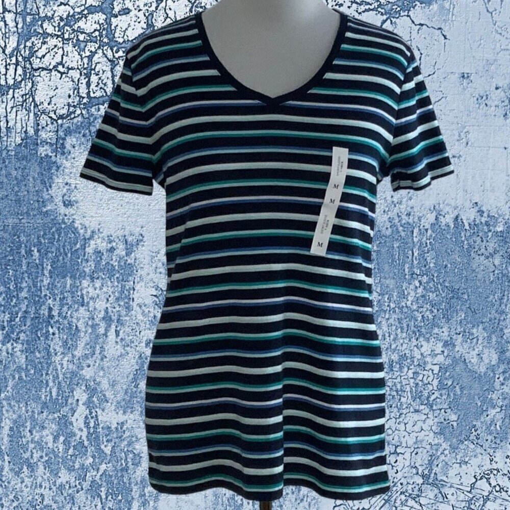 Croft & Barrow classic vneck short sleeve blue striped pullover tee NEW Medium - Picture 2 of 8